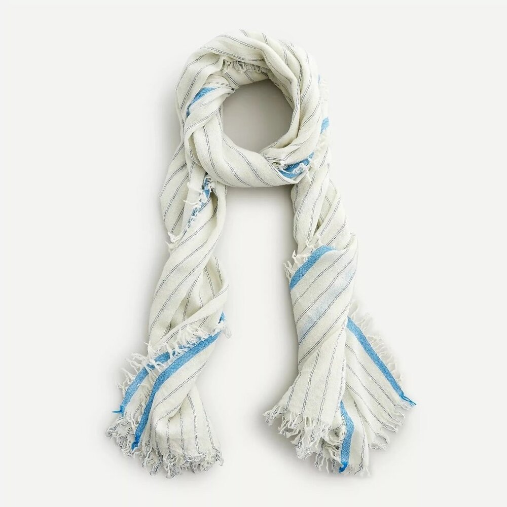J. Crew Wool Scarf Lightweight White with Blue Stripes